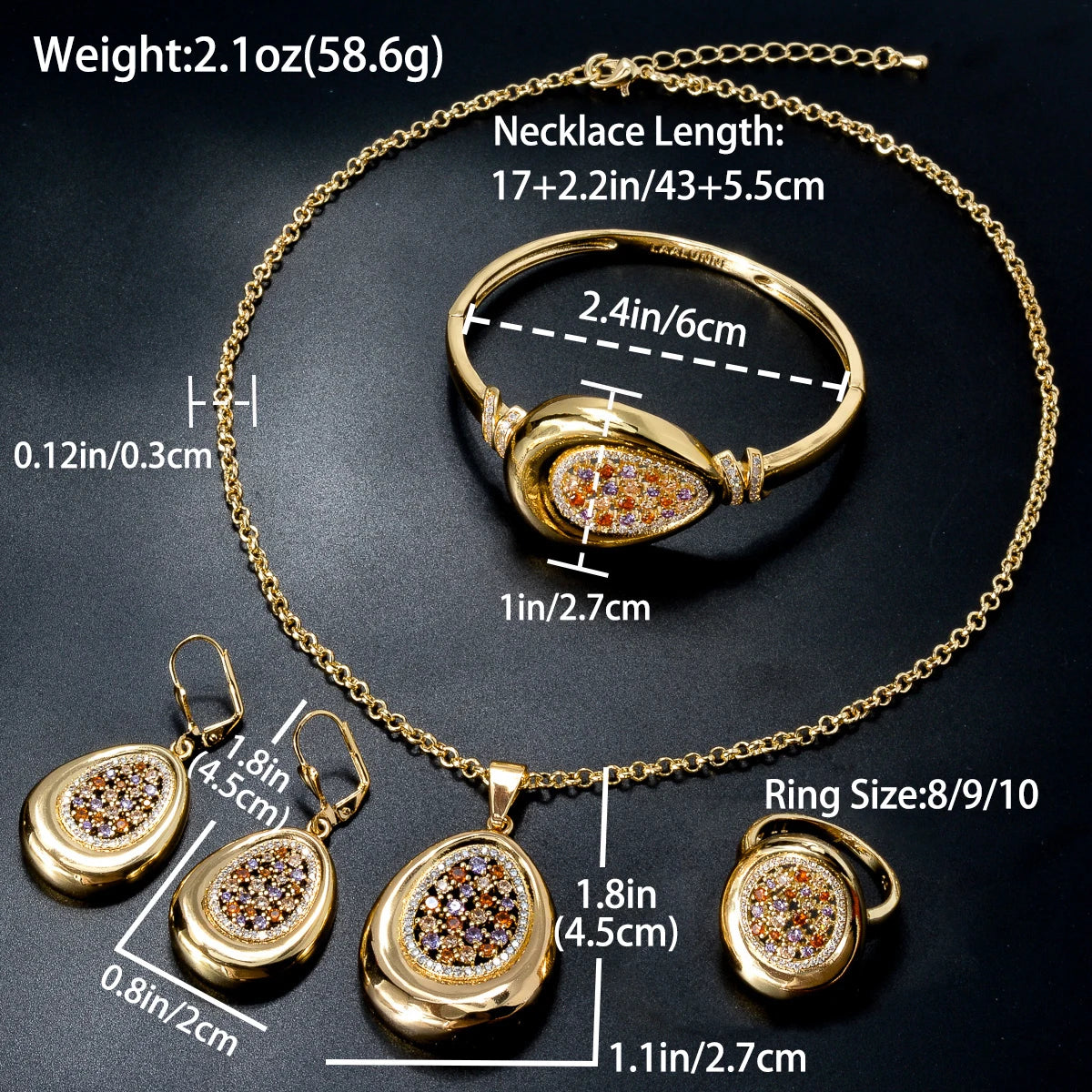 Dubai Gold Color Jewelry Set Water Drop Pendant Necklace Bracelet Earring Rings Colorful Cubic Zirconia For African Wedding Gift