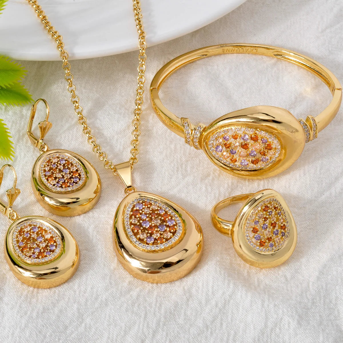 Dubai Gold Color Jewelry Set Water Drop Pendant Necklace Bracelet Earring Rings Colorful Cubic Zirconia For African Wedding Gift
