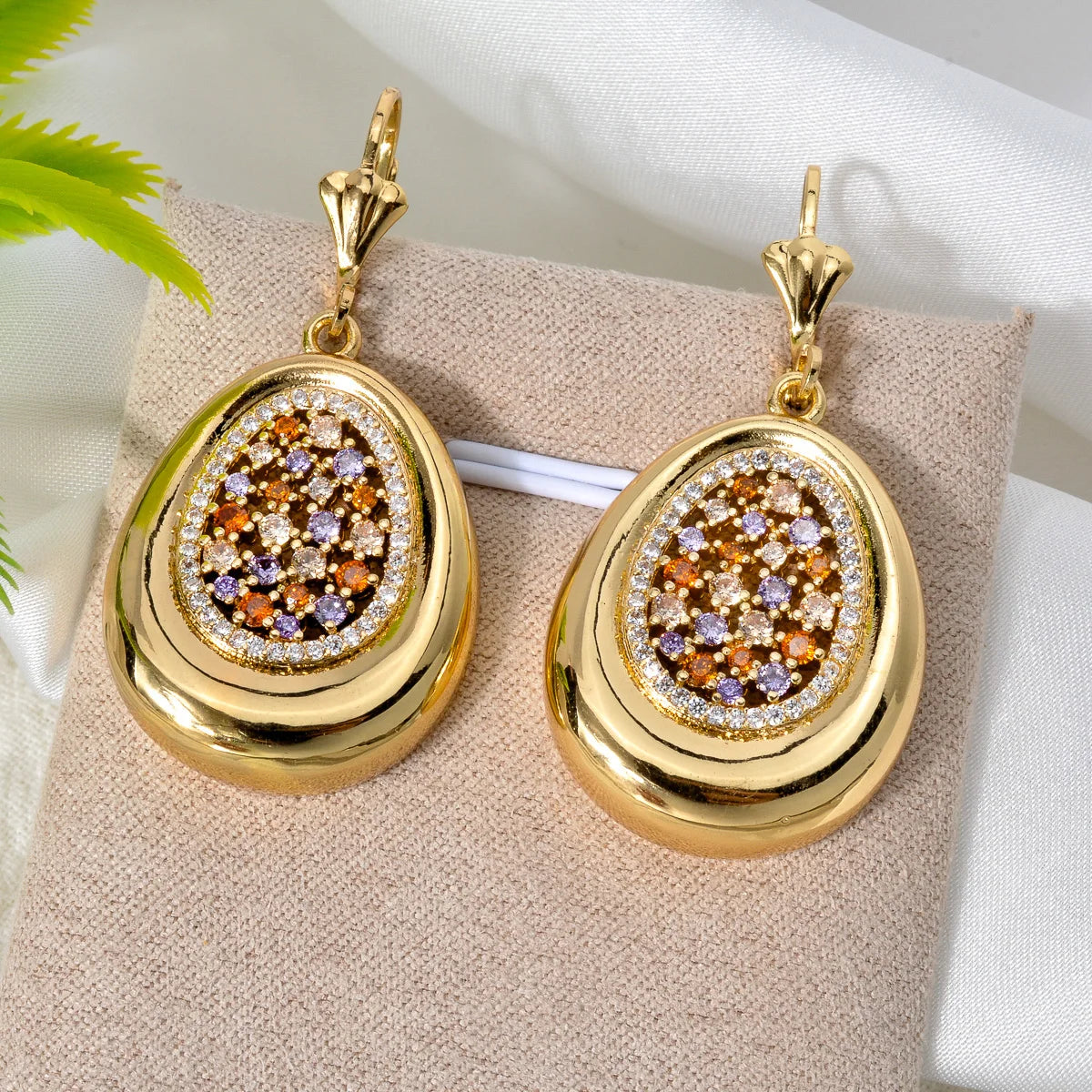 Dubai Gold Color Jewelry Set Water Drop Pendant Necklace Bracelet Earring Rings Colorful Cubic Zirconia For African Wedding Gift