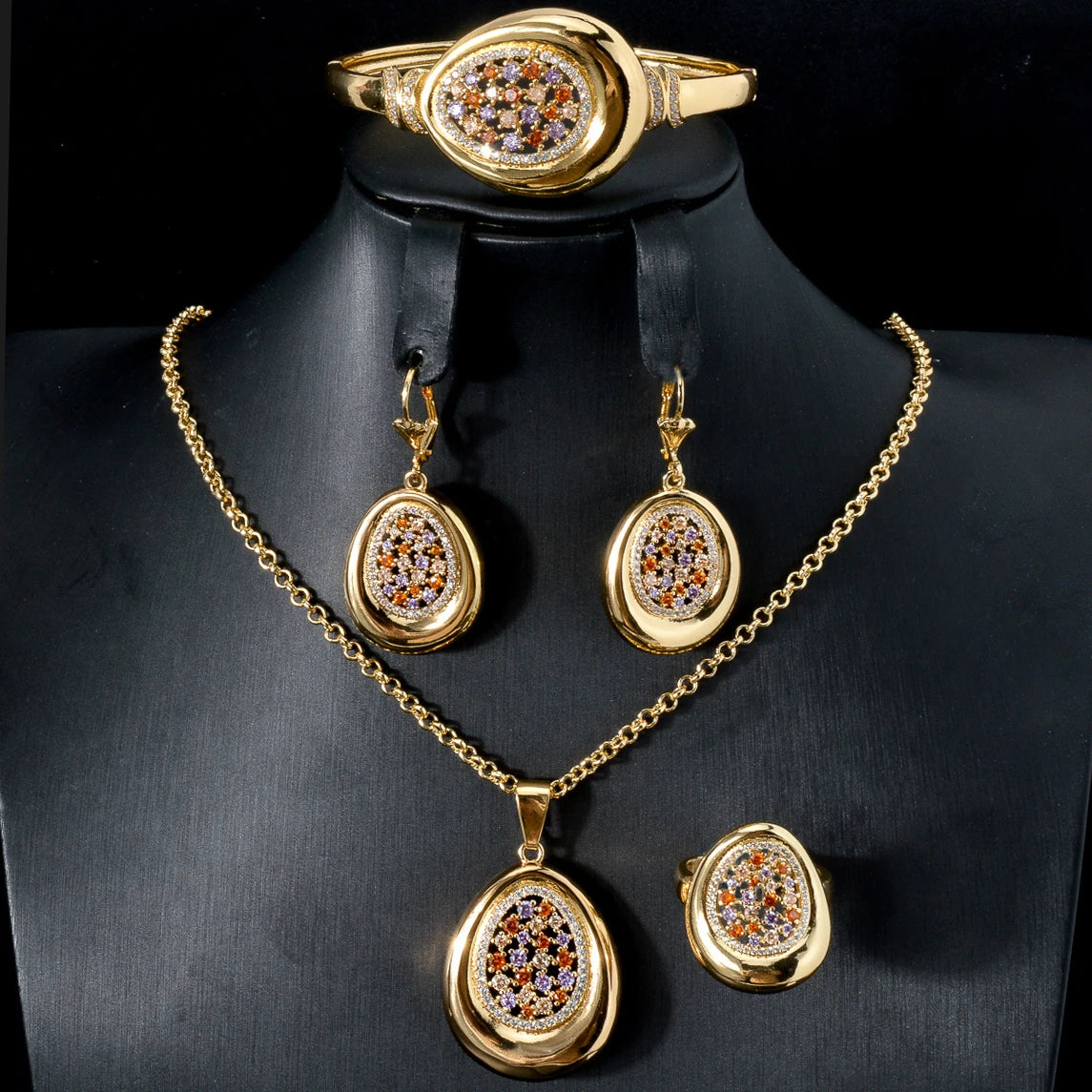 Dubai Gold Color Jewelry Set Water Drop Pendant Necklace Bracelet Earring Rings Colorful Cubic Zirconia For African Wedding Gift