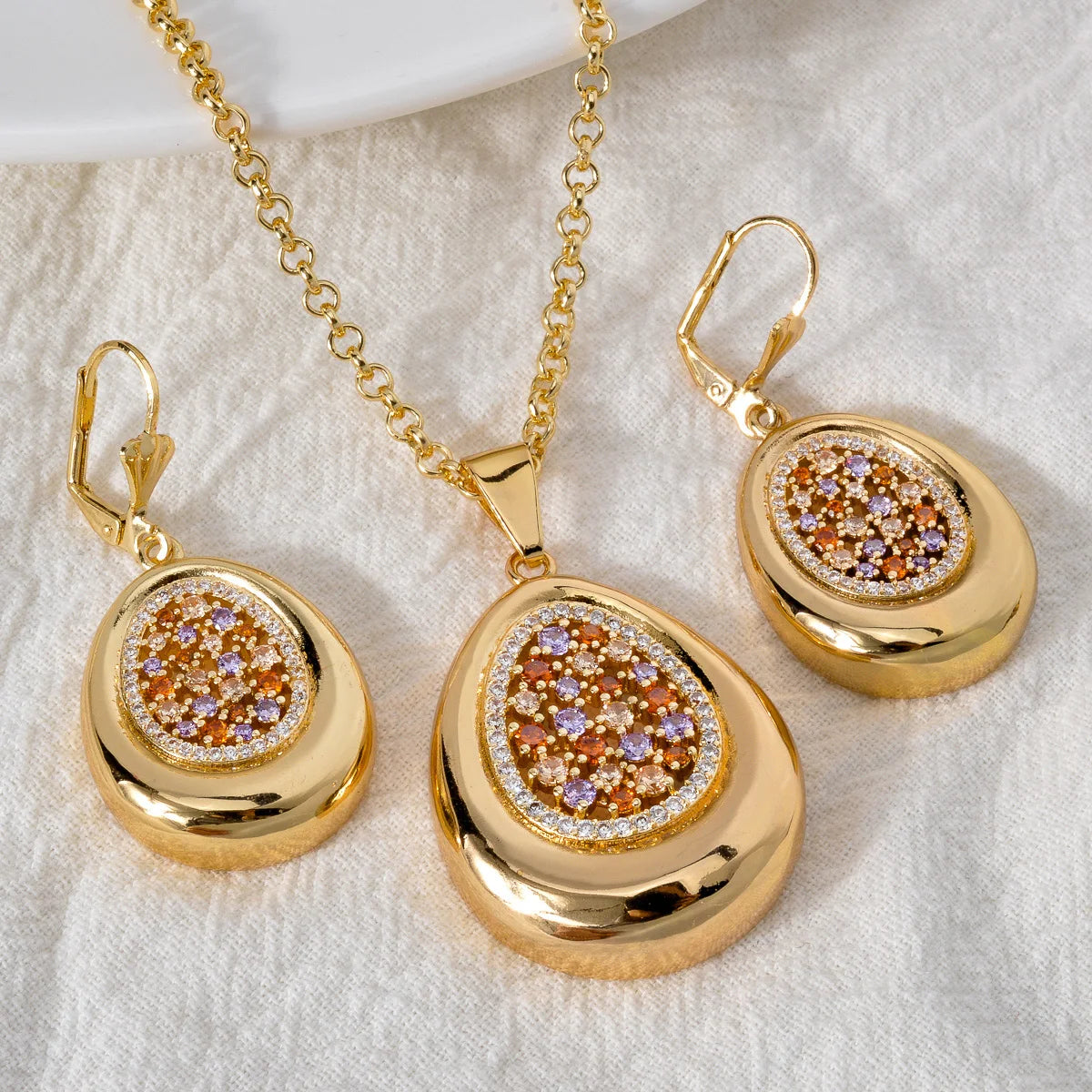 Dubai Gold Color Jewelry Set Water Drop Pendant Necklace Bracelet Earring Rings Colorful Cubic Zirconia For African Wedding Gift