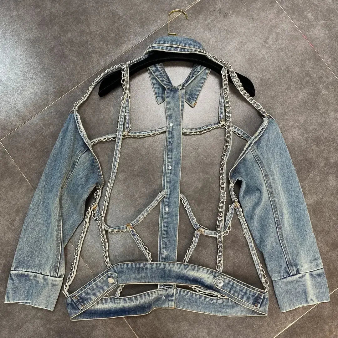 Denim Jacket 2023 Spring Summer Lapels Long Sleeve Chain Hollow Cool Handsome Street Denim Long Sleeve Jeans Jacket for Women